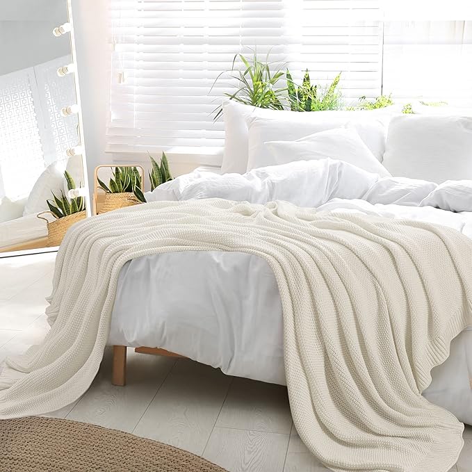 PiccoCasa 100% Cotton Knit Blanket Twin Size,Solid Lightweight Decorative Throws and Blankets,Soft Knitted Throw Blanket for Sofa Couch, Beige 60" x 78"