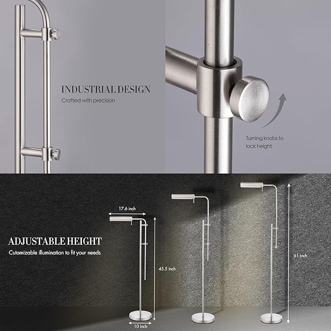 O'Bright Cedric Adjustable Pharmacy Floor Lamp - Industrial Design for Reading, Crafting, Work - 10W LED, Height 45-61 inches - Ideal for Living Room, Bedside, Office - Brushed Nickel