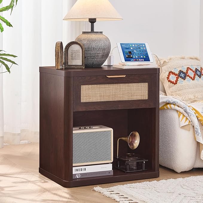 LEYAOYAO Rattan Nightstands Set of 2 with Charging Station, 23" Wide Boho Night Stand with Drawer, Walnut Bedside Table Open Cabinet, Bed Side End Table Dresser for Bedroom, Living Room, Hallway