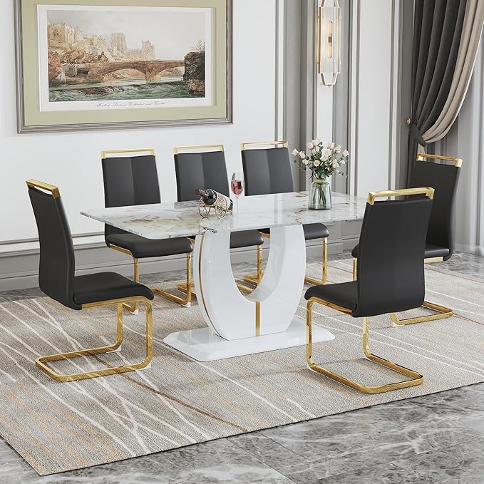 Dining Table Set for 6, Kitchen Table Chairs Set of 6, Modern Dining Room Set 71'' Faux Marble Dinner Table PU Leather Upholstered Chairs for Kitchen (Black-Golden, 71” White Table Set)