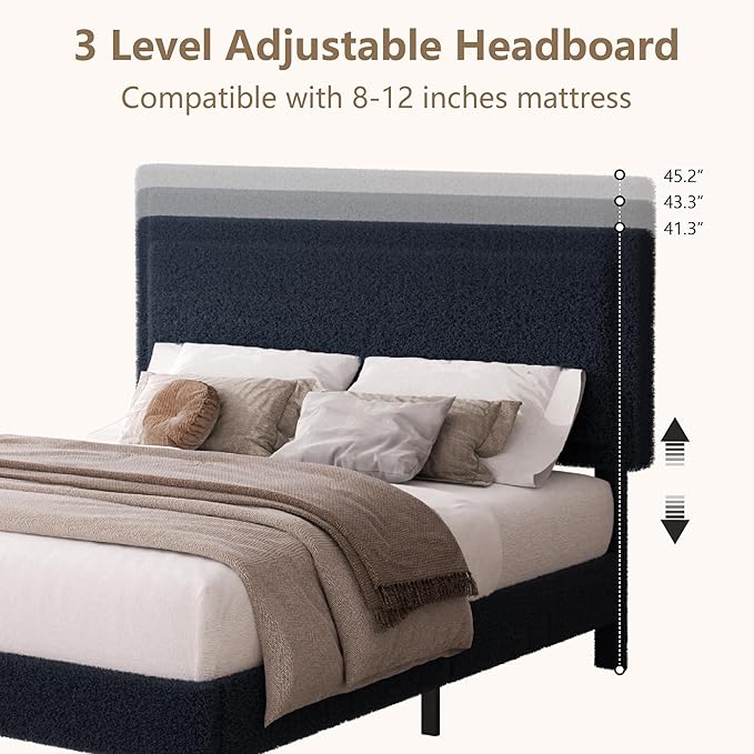 King Size Bed Frame and Headboard, Boucle Upholstered Platform Cloud Bed Frame with Headboard, Soft Teddy Fabric, Modern Style, No Box Spring Required, Easy Assembly, Blue-Black