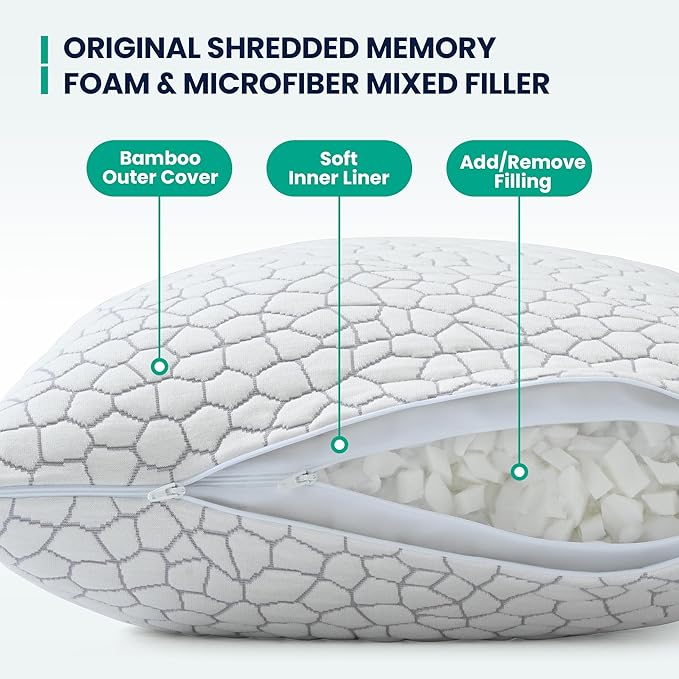 Bed Pillows Set of 2 Shredded Memory Foam Pillows, Soft-Firm Adjustable Pillows for Sleeping, 100% Viscose from Bamboo Pillow Cover for Back, Stomach and Side (Queen Size: 20 * 28in)