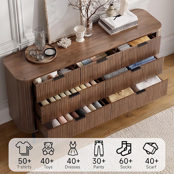 Fluted Dresser for Bedroom with 7 Drawers, 60 Inch Wide Modern Chest of Drawers with Metal Handle, Curved Profile Design, Wood Dresser TV Stand for Bedroom, Living Room, Hallway, Walnut