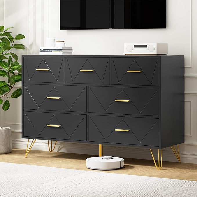 Black Dresser for Bedroom, 7 Drawer Dresser with Golden Handles, Wood Modern Chest for Hallway, Entryway