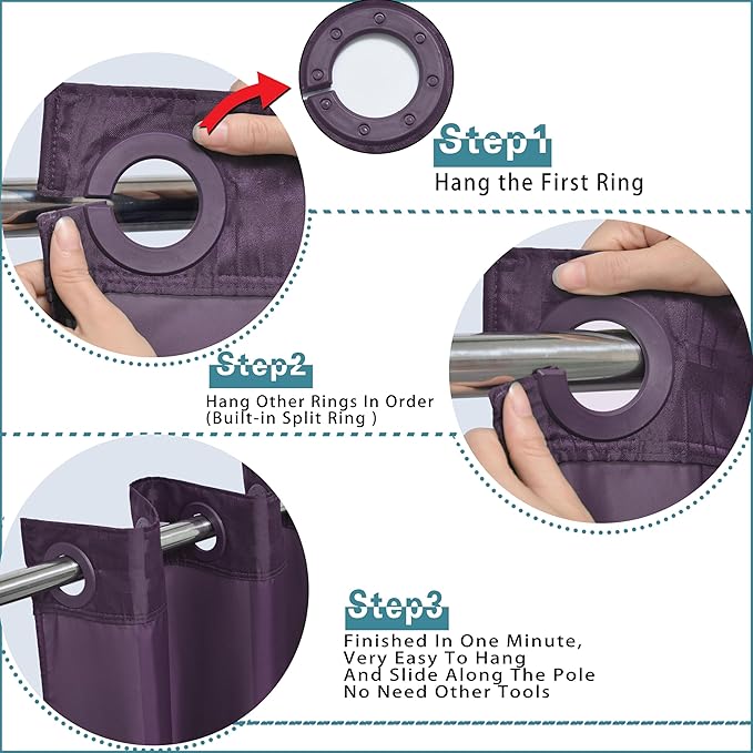 Conbo Mio Stall No Hook Shower Curtain with Snap in Liner Set, Hotel Luxury Purple Shower Curtains for Bathroom with See Through Top Window, Waterproof, Washable 54W x 74H