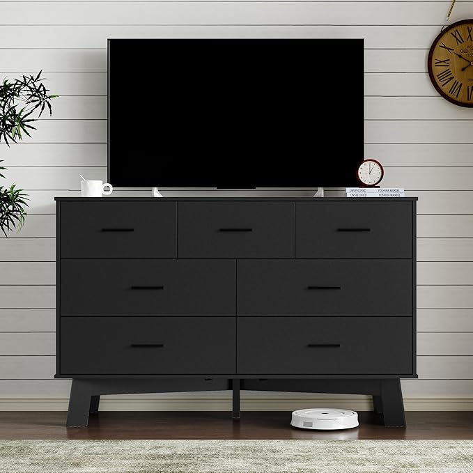 Dresser for Bedroom with 7-Drawer, 47.2" Wide Modern Chest of Drawers with Metal Handles, X-Shape Base & Adjustable Center Leg, Anti-Tip Closet Organizers and Storage