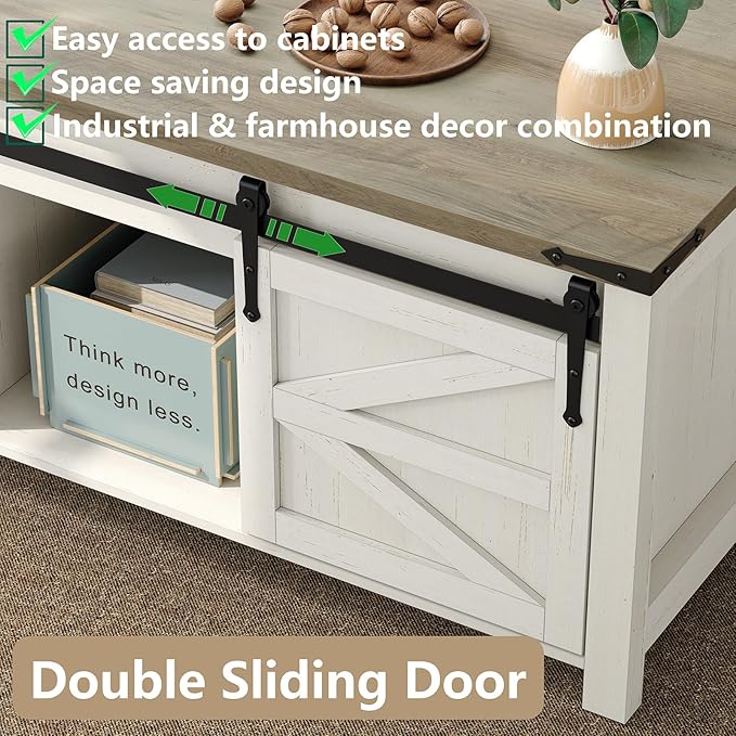 47.3''Lift Top Coffee Table, Farmhouse Center Table with Large Storage & Sliding Barn Doors, Modern Rectangular White Cocktail Table for Living Room, Grey Top