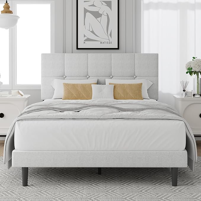 Full Size Bed Frame, Full Size Platform Bed Frame with Headboard, Fabric Upholstered Headboard, Sturdy Wood Slats, No Noiseless, No Springs Required, Easy to Assemble, Gray