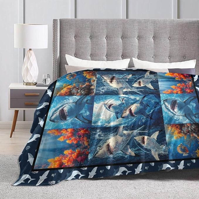 Yibuda Shark Blanket Ocean Underwater Flannel Plush Throw Blanket Cozy Nautical Coral Decor Fleece Stuff Blanket Gifts for Lover Girls Boys Kids Adults Women Bed Travel 50"x60"