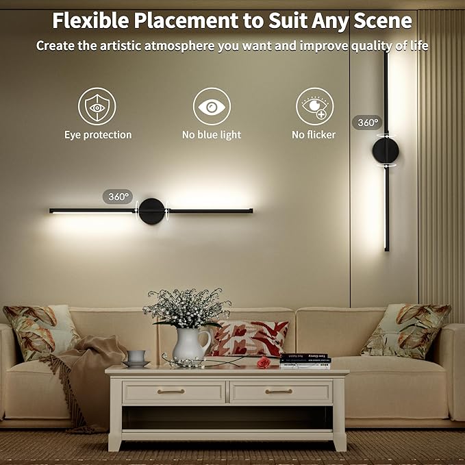 Battery Operated Sconces Set of Two: Wireless Magnet Wall Lights Rechargeable with Remote Cordless Adhesive LED Sconces Wall Lighting Indoor for Living Room Bedroom Hallway Decor Black