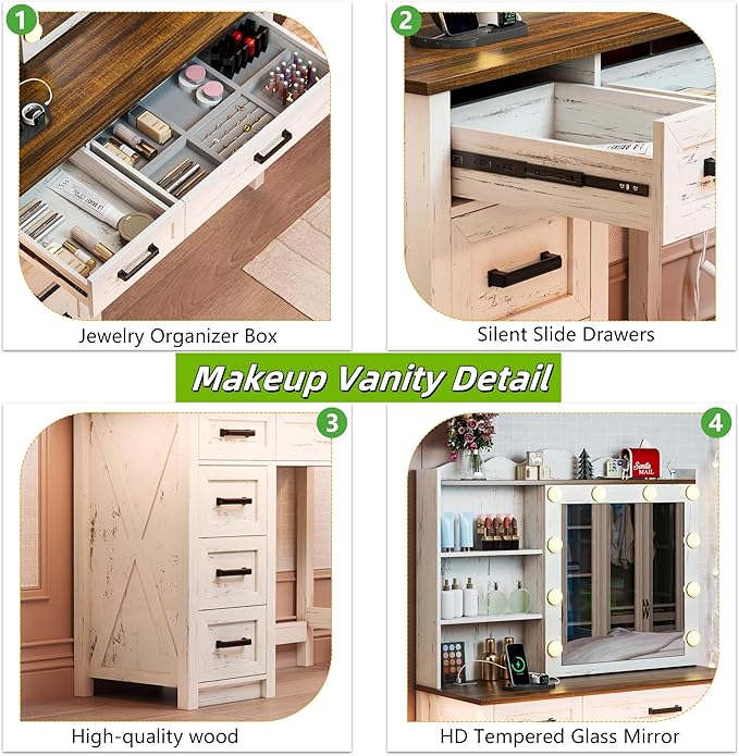 Makeup Vanity, Farmhouse Vanity with Sliding Mirror & 3 Levels of Open Storage Shelves, 35'' Intelligent Makeup Desk with Multi-Functional Charging Station & Hidden Storage for Bedroom, White