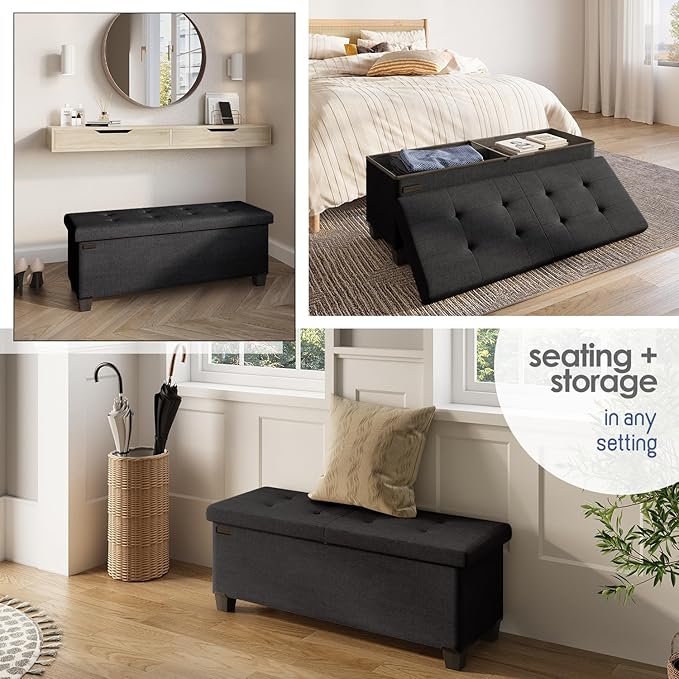 STORAGEBUD Storage Ottoman Bench with Bins, 43-in Storage Bench for Bedroom End of Bed, Folding Foot Rest Ottoman for Living Room Max 660lbs, Fabric Ottomans, Black