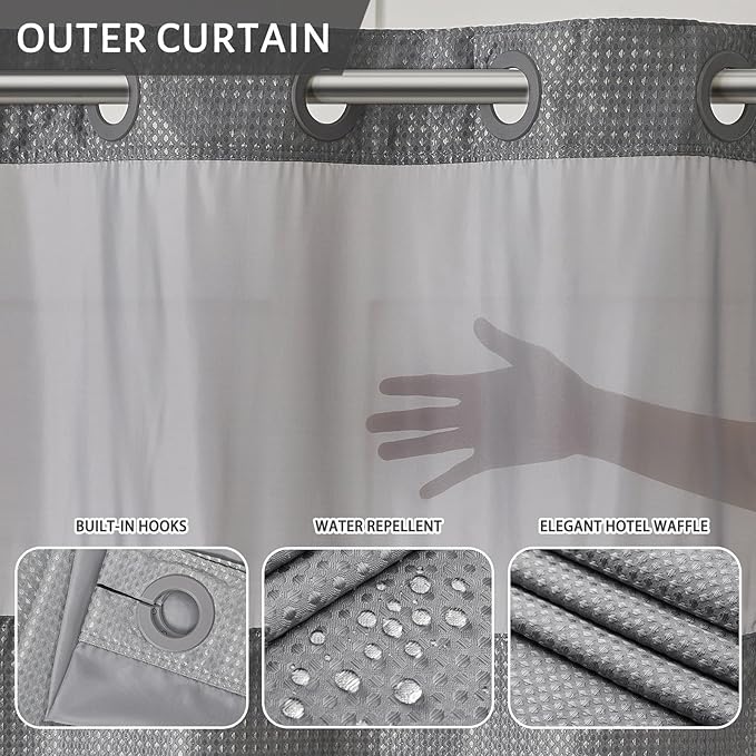 Furlinic No Hook Shower Curtain with Snap in Fabric Liner Set,Waffle Weave Heavy Duty Bathroom Curtain with See Through Window,Waterproof & Machine Washable,Hotel Style,Light Grey,71x75 Inch