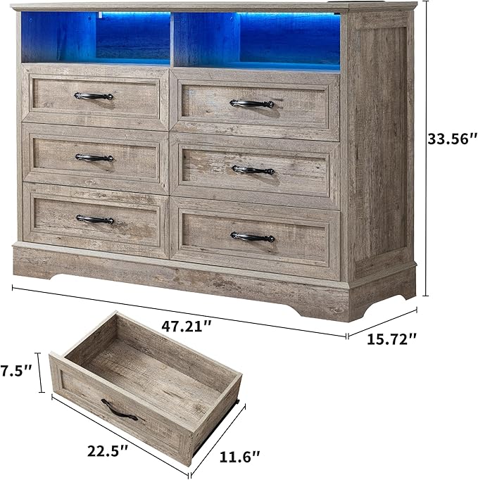 Dressers for Bedroom,6 Drawers Dresser with LED Light,Power Outlets and Open Shelves,Chests of Drawers for 65 inch TV, for Hallway, Entryway, Light Rustic Oak