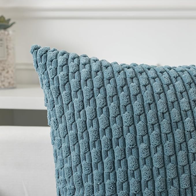 Kevin Textile Throw Pillow Covers Soft Corduroy Decorative Set of 2 Boho Striped Pillow Covers Pillowcases Farmhouse Home Decor for Couch Bed Sofa Living Room 12x20 Inch Blue Grey