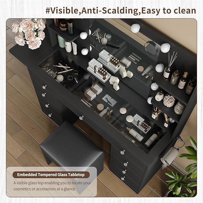 9 Drawers Vanity Desk & Power Outlet, Makeup Vanity with Mirror and 10 LED Lights, 3 Lighting Modes Brightness Adjustable, Makeup Table with 4 Shelves and Fold-up Panel, Vanity Set for Bedroom, Black
