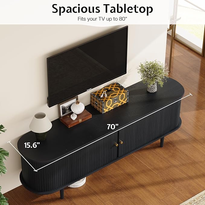 70" Mid-Century Modern TV Stand with Tambour Door, TV Console with Solid Wood Legs for TVs up to 80", Fluted Entertainment Center with Storage for Living Room, Black