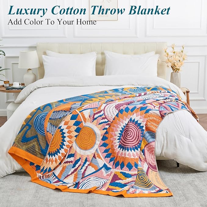Boho Throw Blanket for Bed-100% Cotton Soft Breathable Farmhouse Decor Boho Quilt for Sofa (Colorful Sun, 80"x90")