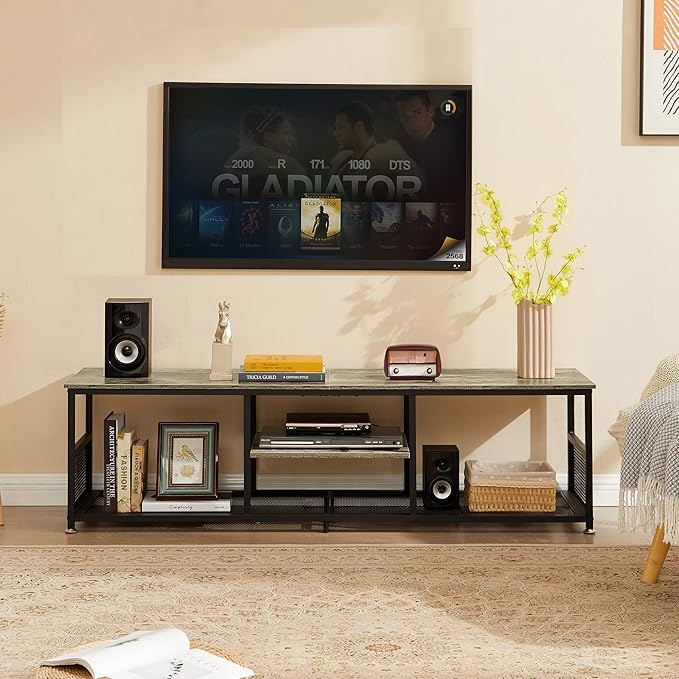 VECELO Industrial TV Stand for Televisions up to 80 Inch, 70" Entertainment Center with Open Storage Shelves for Living Room/Bedroom, 3 Tiers Media Console Table with Metal Frame, Grey, 70 Inches