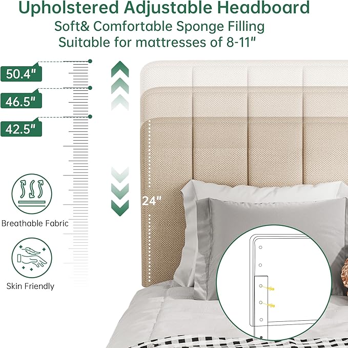 King Size Bed Frame with Headboard,Fabric Upholstered Platform Bed Frame with Wooden Slats Support,No Box Spring Needed/Non-Slip Without Noise/Easy Assembly, Beige