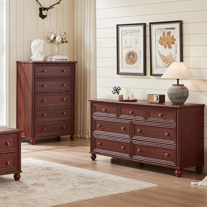 Farmhouse Dressers & Night Stand Set of 3, Wood 54'' Wide Dresser & 18'' Chest of Drawers, Roman Column Nightstand Set of 2, Furniture 7 Drawer Dresser Suites for Bedroom, Living Room, Hallway, Home