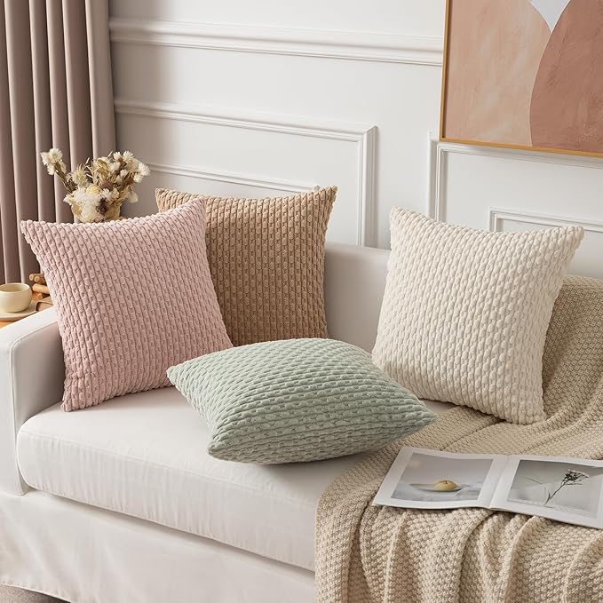 Kevin Textile Pack of 2 Corduroy Decorative Throw Pillow Covers 16x16 Inch Spring Soft Boho Striped Pillow Covers Modern Farmhouse Home Decor for Spring Sofa Living Room Couch Bed Light Green