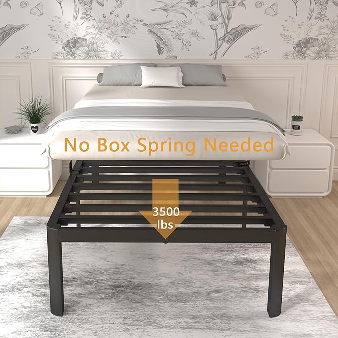 ITIMIDI 16 Inch Metal Twin Bed Frames, Heavy Duty Strong Support Slats, Safety Design with Rounded Corner Legs and DIY Headboard Hole, No Box Spring Needed, Noise Free, Easy Assembly, Black