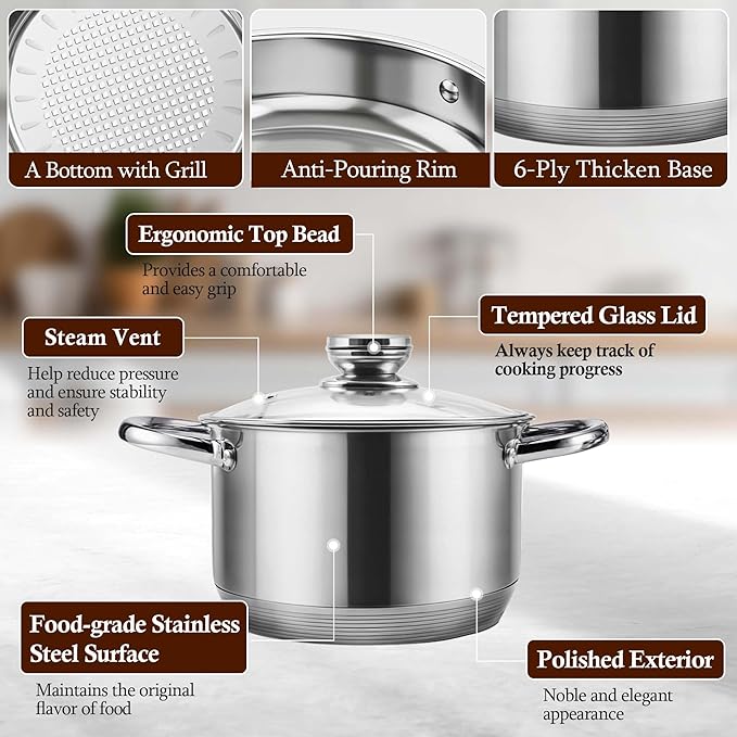 15-Piece Stainless Steel Cookware Set, Non-Toxic Pots and Pans Set with Glass Lids, Kitchen Induction Cookware with Steamer, Utensils Set & Fry Basket, Dishwasher & Oven Safe, Silver