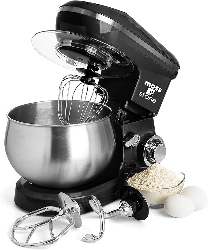 Moss & Stone Black Stand Mixer, 6 Speed Electric Mixer With 5.5 Quart Stainless Steel Mixing Bowl, Black Body Kitchen Mixer With Dough Hook, Egg Whisk, Beater & Baking Spatula, Classic Food Mixer