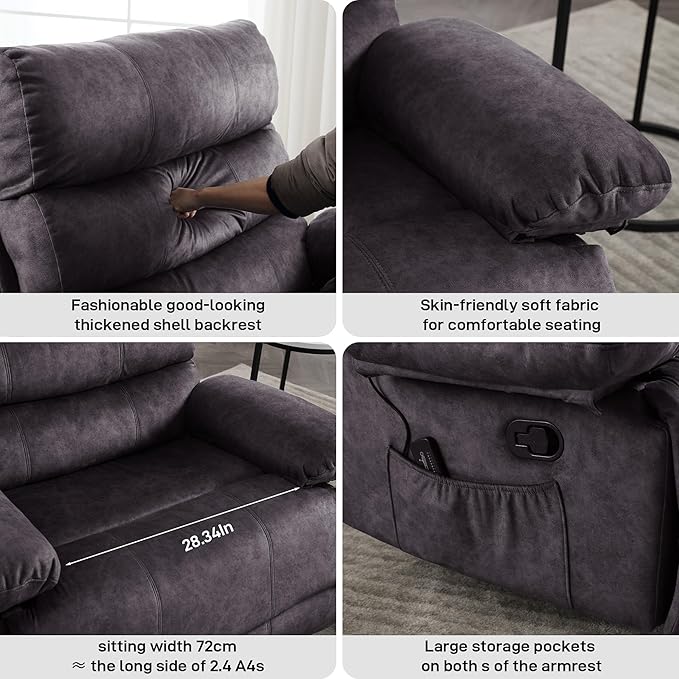 Oversized Recliner Chair Extra Wide Large Recliner for Adults 350lbs with Lumbar Support Pillow Nursery Chair Living Room (Manual, GREY-6002)