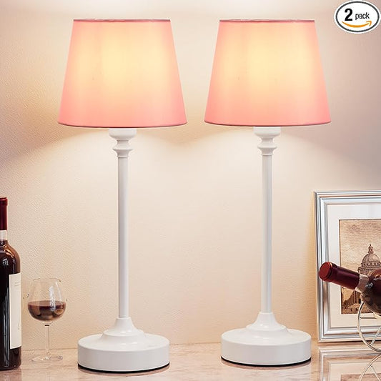 Cordless Table Lamps Rechargeable Set - 2 Pack White 4000mAH Battery Operated Lamps for Decor, 3000K Stepless Dimming Touch Control Wireless Lamps for Bedroom, Dining Table, Living Room, Pink Shade