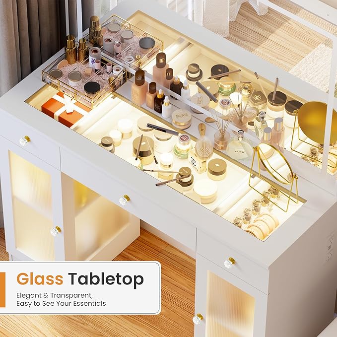 Pamapic Makeup Vanity with Crystal Knobs, Glass Top Vanity Desk with Mirror and Lights, Power Outlet, Drawers and Cabinet, 3 Lighting Color Adjustable Dressing Table, Upgraded Silent Slides, White