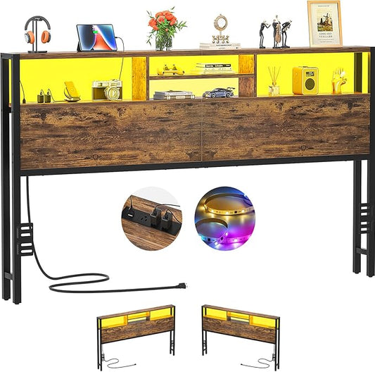 Aheaplus Headboard for King Size Bed with Storage, Headboards with Outlets, USB Ports and LED Light, King Size Head Board, Height Adjustable, Reversible, Sturdy and Stable Headboard, Rustic Brown