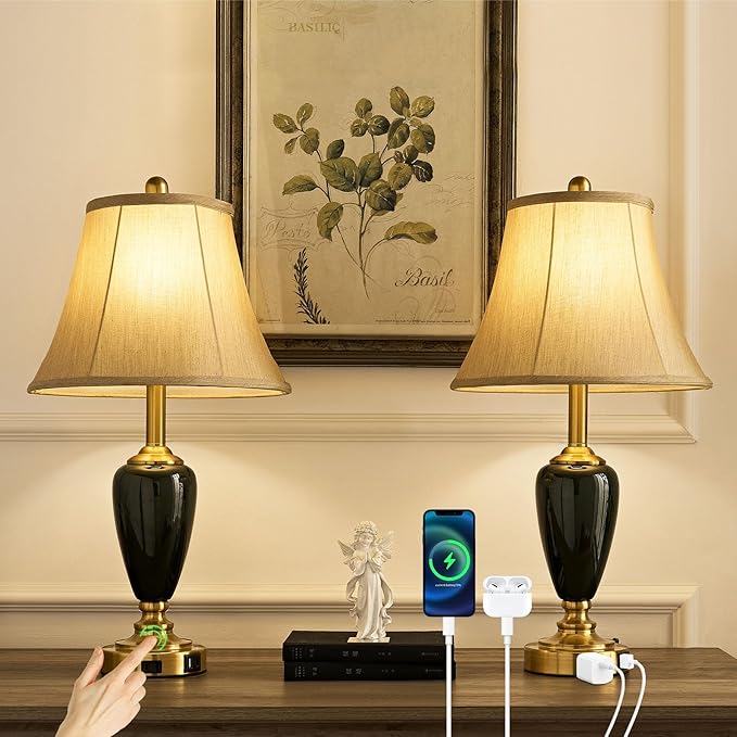 24" Ceramic Table Lamp with 3 Way Dimmable Touch Lamps - 2 USB Ports & AC Outlet Bedside Lamps, Modern Nightstand Lamp for Bedroom Living Room Office (Bulb Included) (Dark Green-2 Pack)