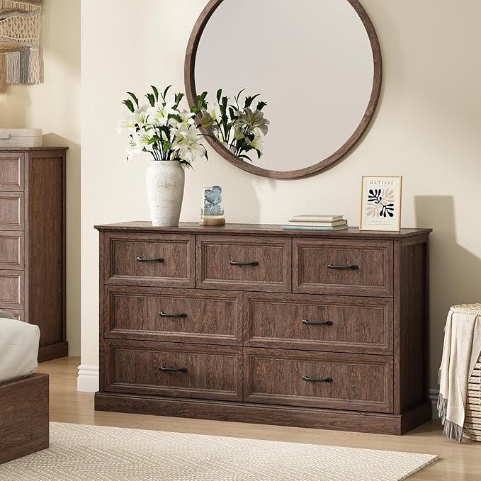 Farmhouse 7 Drawer Dresser for Bedroom, 55 Inch Wide Modern Brown Dresser TV Stand with Large Drawers & Bar Handles, Rustic Wood Chest of Drawers for Bedroom, Living Room, Hallway, Entryway.