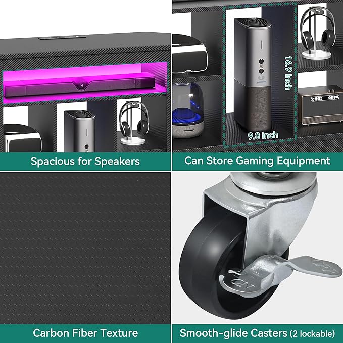 YITAHOME CornerTV Stand for 55 Inch TV, Modern Black TV Stand with Wheels for PS5, LED Gaming Entertainment Center with Power Outlets, Gaming TV Console Cabinet, Black Carbon Fiber