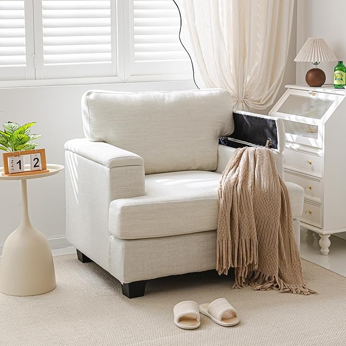 Oversized Accent Chair with Armrest Storage,38”W Big Armchair with 7.8'' Thick Cushion,Deep Seat,Large Comfy Reading Chair, Living Room Chairs,Sofa Chair for Bedroom,Linen