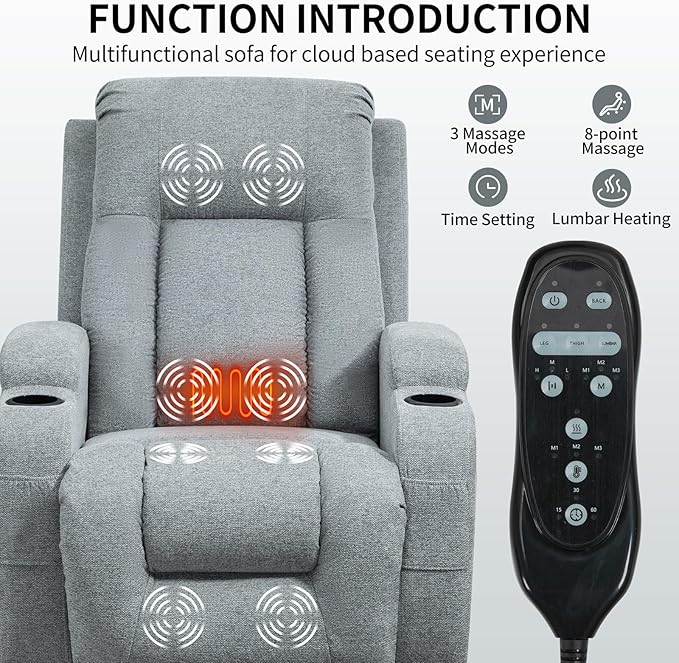 PELUMY Power Lift Recliner Chair for Elderly with Massage & Heat - Heavy Duty Electric Lift Chair, Oversized Recliner, Lay Flat, 8-Point Vibration, Lumbar Heating, USB Port, Cup Holders (Grey)