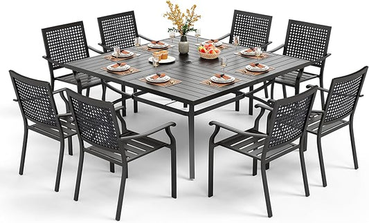 PHI VILLA 9 Pieces Patio Dining Table Set for 8, 60” Square Metal Wrought Iron Dining Table & Stackable Dining Chairs, Large Dining Furniture Set for Outdoor Deck, Yard, Porch