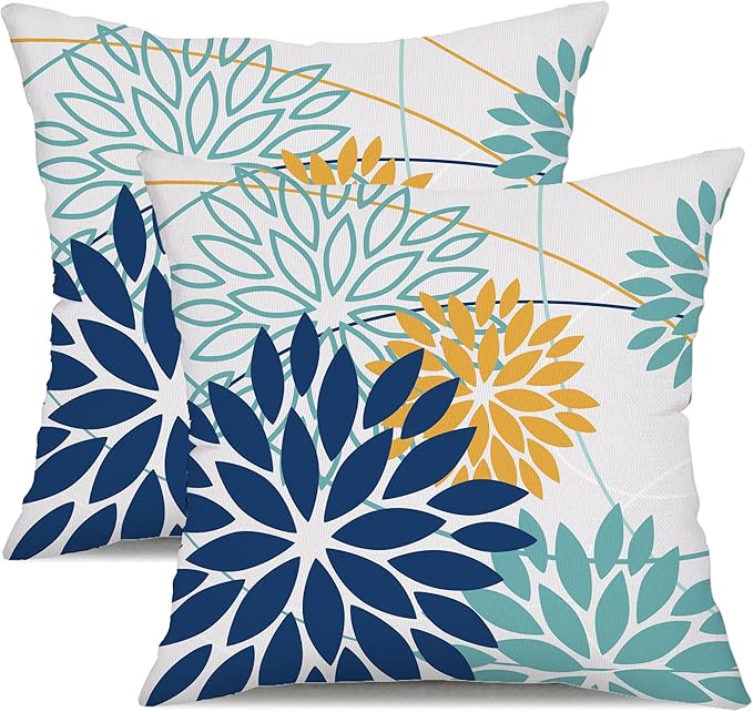 Dark Blue and Light Green Floral Pillow Covers 18x18 Set of 2 Outdoor Pillows Covers Waterproof Summer Pillowcovers Polyester Cushion Case Decor for Couch Patio Funiture Garden Porch 01T18