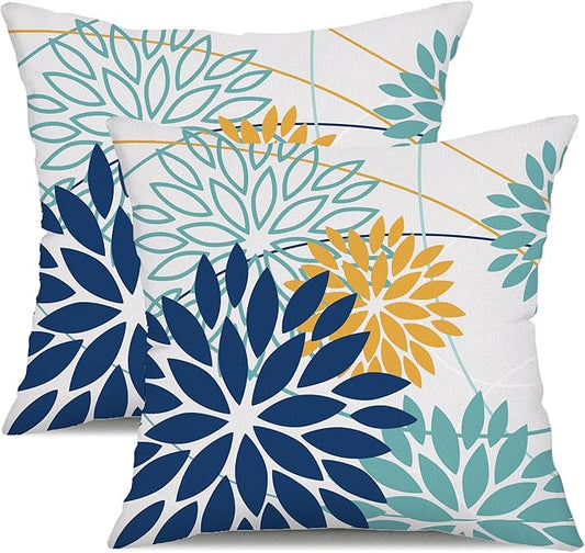 Dark Blue and Light Green Floral Pillow Covers 16x16 Set of 2 Outdoor Pillows Covers Waterproof Summer Pillowcovers Polyester Cushion Case Decor for Couch Patio Funiture Garden Porch 01T16