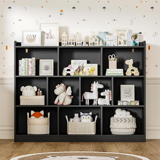 Black Bookshelf, Wood Bookcase with 3 Tier Open Shelves, 10-Cube Minimalist Storage Shelf for Living Room, Bedroom, 55.1" W x 42.5" H