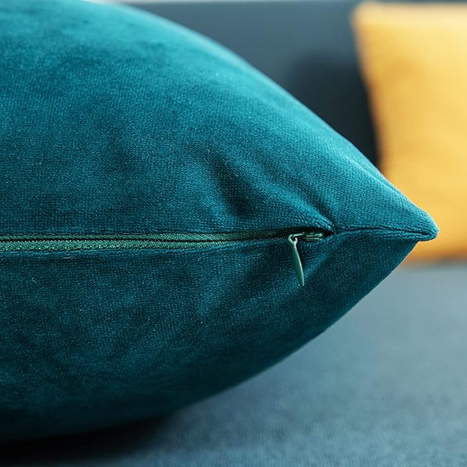 DEZENE Throw Pillow Cases 18x18 Teal: 2 Pack Cozy Soft Velvet Square Decorative Pillow Covers for Farmhouse Home Decor
