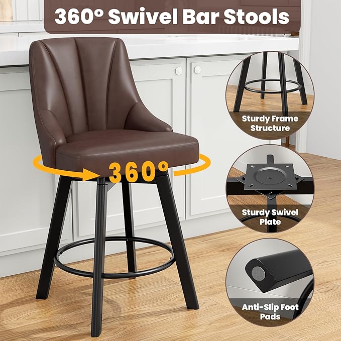Bar Stools with Backs, PU Leather Upholstered Counter Barstools with Solid Wood Legs for Kitchen Island, Home Bar(4PCS Brown)