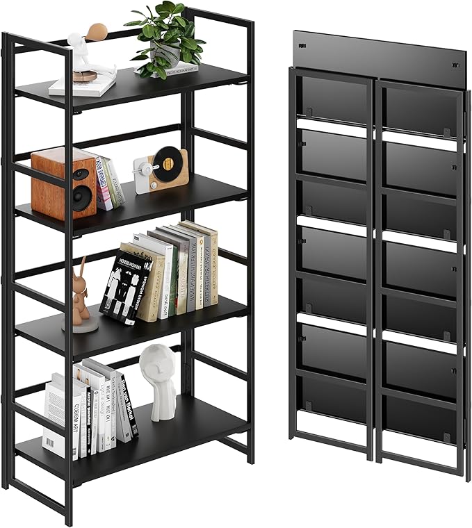 BHG Vintage Multifunctional Folding Bookshelf, No-Assembly Plant Stand Storage Rack Shelves for Home Office (All Black, 4-Tier)