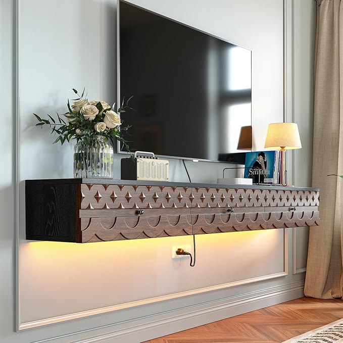 Fully-Assembled Floating TV Stand, Vintage Carved Floating Entertainment Center with Flip-Down Doors & Drawer, Walnut Wood Media Console Shelf Cabinet Under TV Storage for Living Room, 47IN