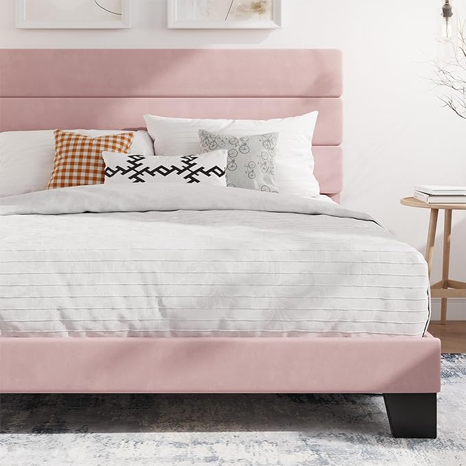 SHA CERLIN Full Platform Bed Frame with Velvet Upholstered Headboard, Mattress Foundation with Strong Wooden Slats Support, No Box Spring Needed, Pink