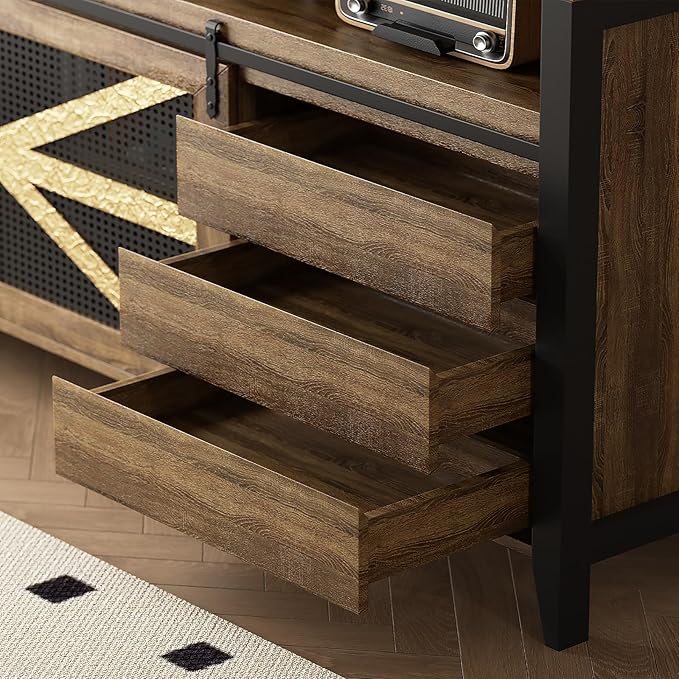 VFK 70 Inch TV Stand for TVs up to 70", Rustic Farmhouse Media Console with Sliding Barn Doors, 6 Drawers, Entertainment Center for Living Room