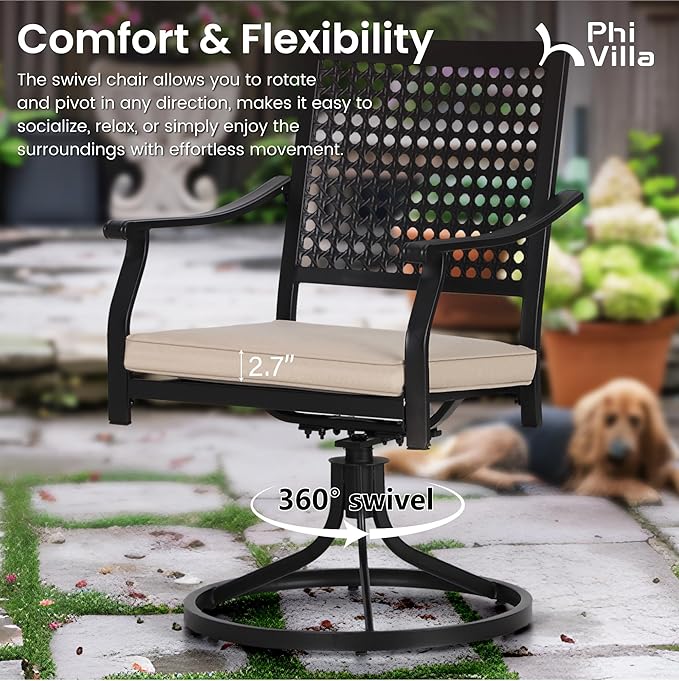 PHI VILLA 7 Pieces Outdoor Round Dining Set for 6, Large Wrought Iron Dining Table with Umbrella Hole & Swivel Metal Chairs with Cushions, Dining Furniture Set for Patio, Deck, Yard, Porch