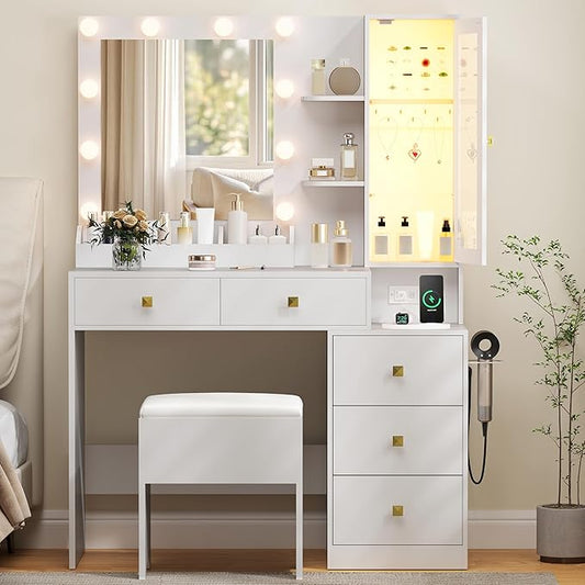 Vanity Desk with Mirror and Lights,Makeup Table with Charging Station & RGB Storage Cabinet,Large Drawer & Storage Shelves,5 Drawer,Bedroom Dressing Table, White